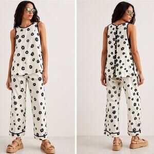 NEW Free People Groovy Daisy Black Floral Cotton Linen 2 Piece Casual Set Size 0